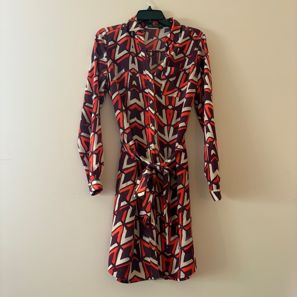 Outback Red Geometric Button Front Shirt Dress Medium Tie Waist Long Sleeve